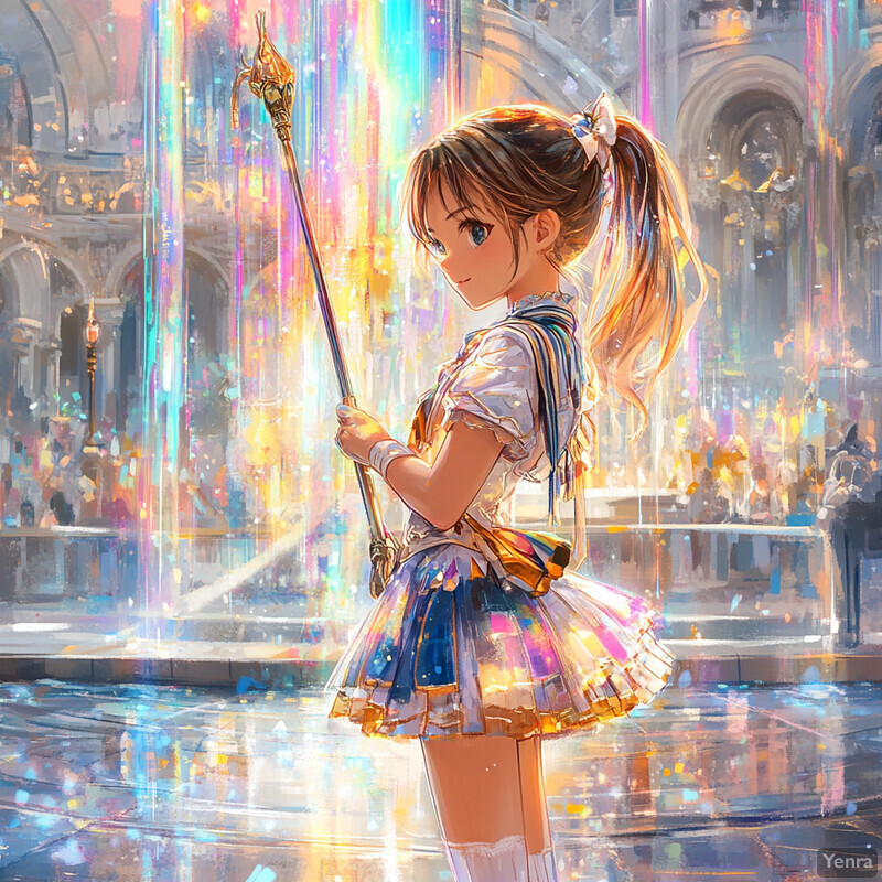 A young girl stands confidently in a fantastical setting, holding a staff that resembles a flame or star.