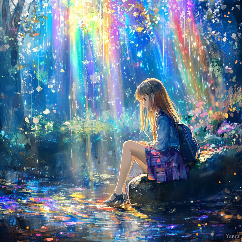 A young girl sits on a rock near a body of water, surrounded by lush greenery and vibrant flowers, exuding relaxation and contemplation.