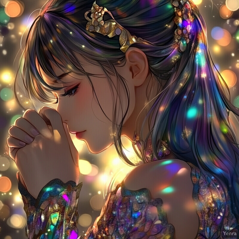 Anime-style illustration of a woman with iridescent hair and dress