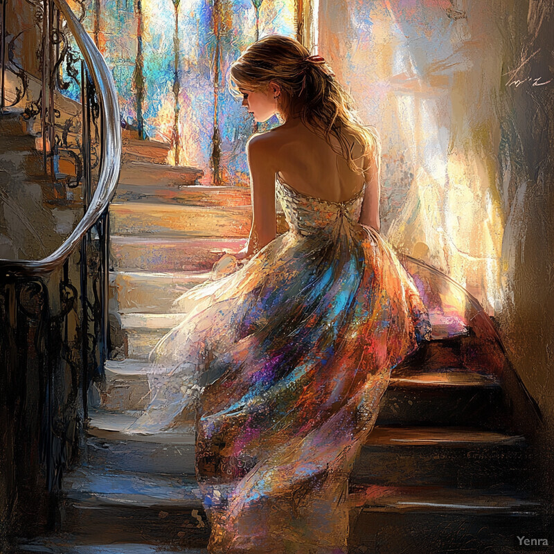 A woman in a multicolored ball gown descends a staircase, surrounded by luxury and sophistication.