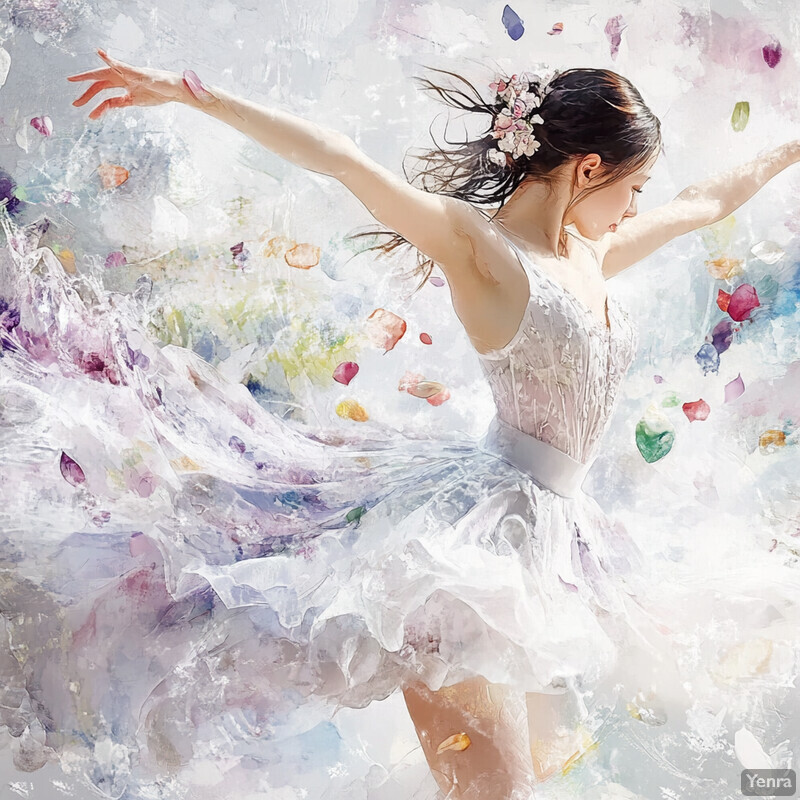 A woman dancing with pink rose petals