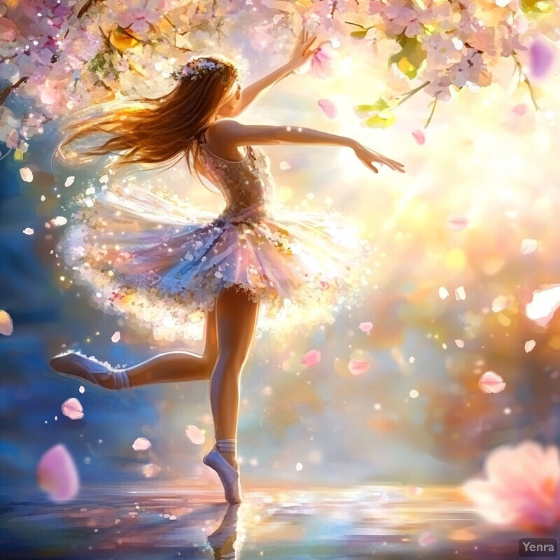 A ballerina leaps into the air, her long brown hair flowing behind her, wearing a white tutu adorned with pink flowers and green leaves.