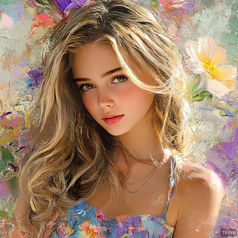 A young woman with long blonde hair and blue eyes looks directly at the camera in front of a soft, dreamy background.