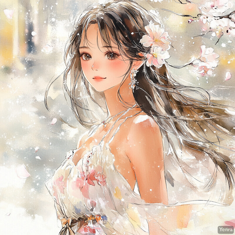 A young woman with long brown hair and bangs wearing a white dress adorned with pink flowers.