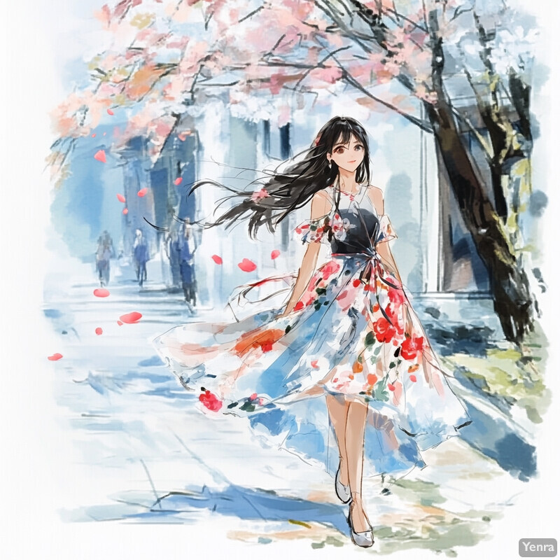 A young woman walks down a city street in a white dress with red, blue, and green flowers