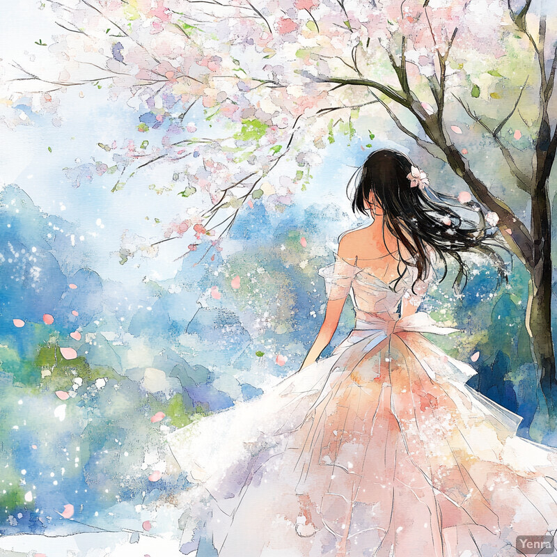 A serene scene of a woman in a white dress standing beneath a blooming tree