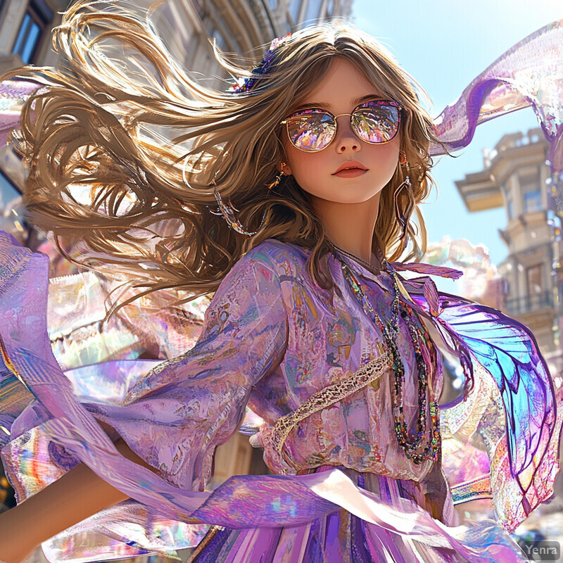 A young woman with long hair and sunglasses in a bohemian-inspired setting