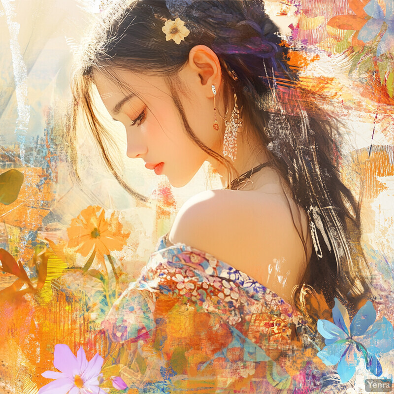 A woman in a floral top with long dark hair, surrounded by an abstract colorful background