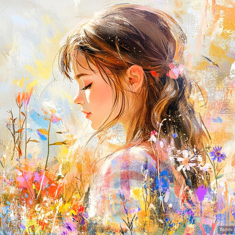 A serene painting of a young girl surrounded by flowers