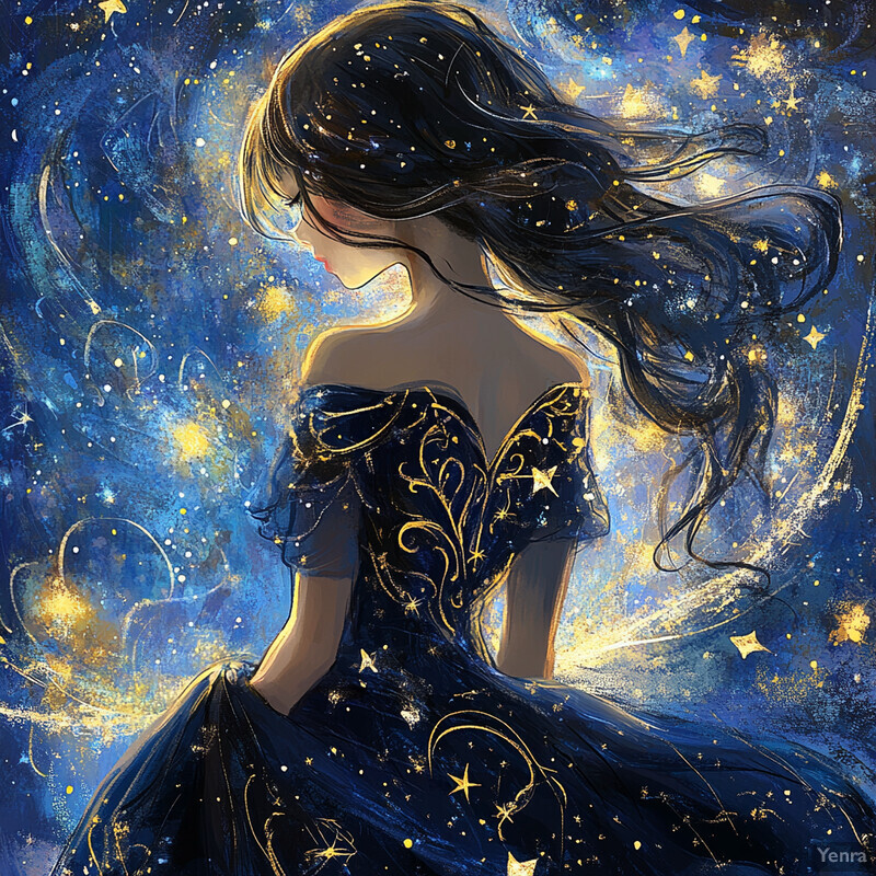 A woman with long dark hair stands against a swirling cloud or smoke backdrop, wearing an elegant blue dress adorned with gold stars and swirls.