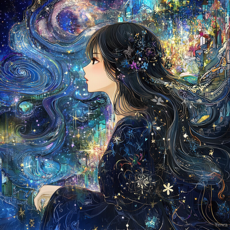 Anime-style illustration of a woman with long black hair and a blue dress, surrounded by a swirling galaxy background.