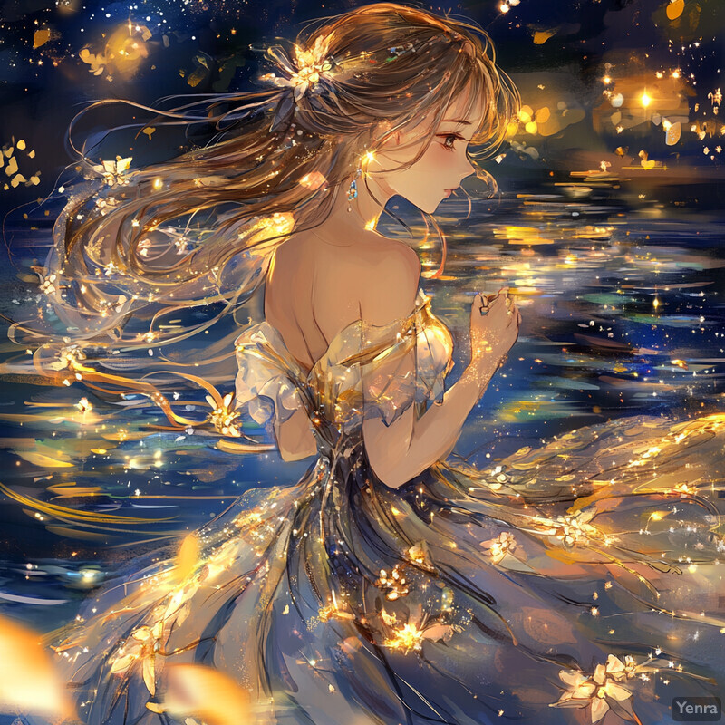 A serene and ethereal scene of a woman in a flowing dress standing by a body of water at night