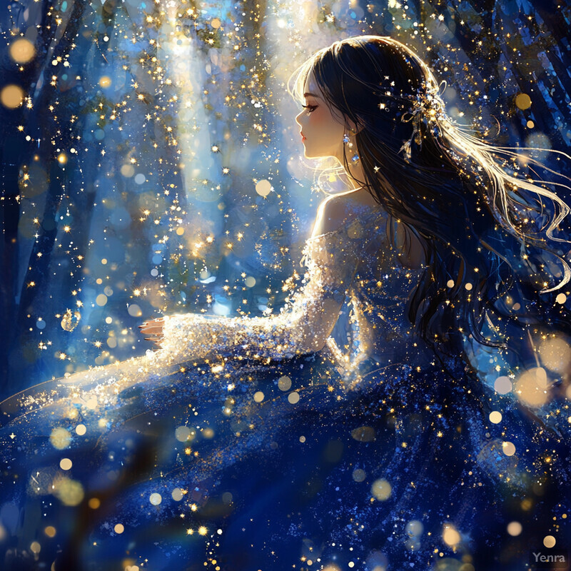 A woman surrounded by celestial lights in a serene and enchanting scene.