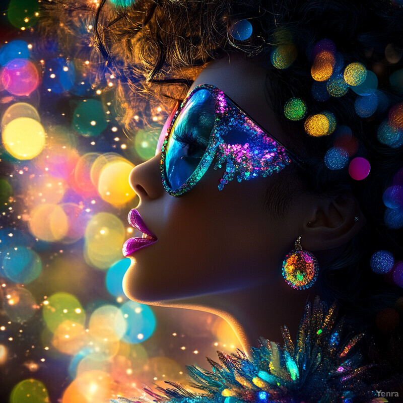 A woman's profile, adorned with makeup and accessories, set against a backdrop of twinkling lights.