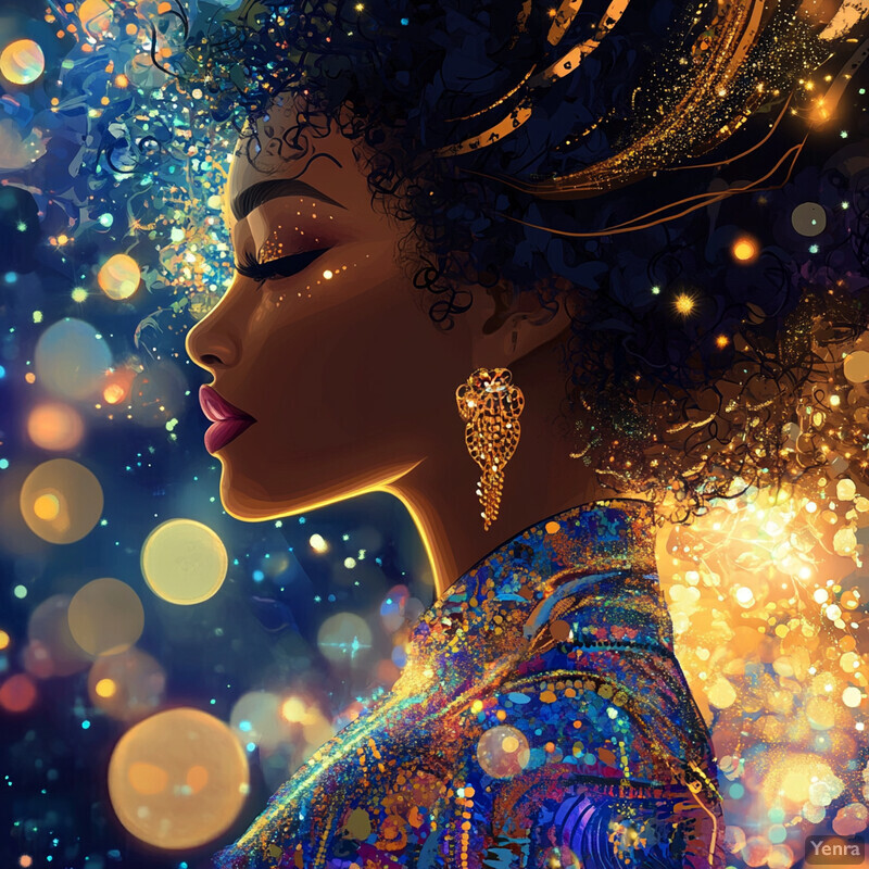 A woman with dark skin and curly hair is depicted in a vibrant and abstract setting, showcasing her elegant appearance through gold jewelry and a flowing dress.