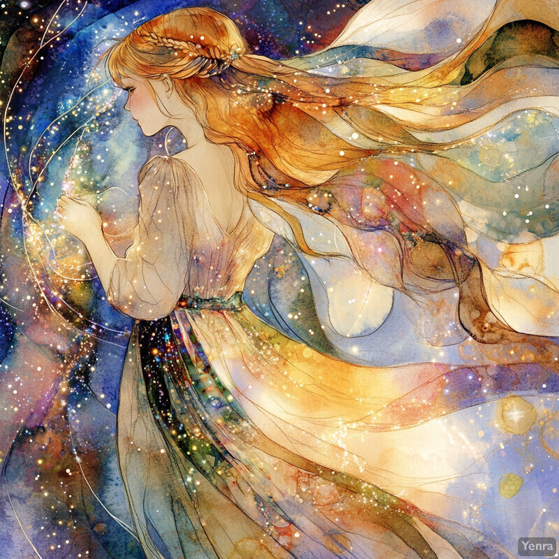 A serene and peaceful depiction of a woman in a flowing dress, surrounded by a celestial background.