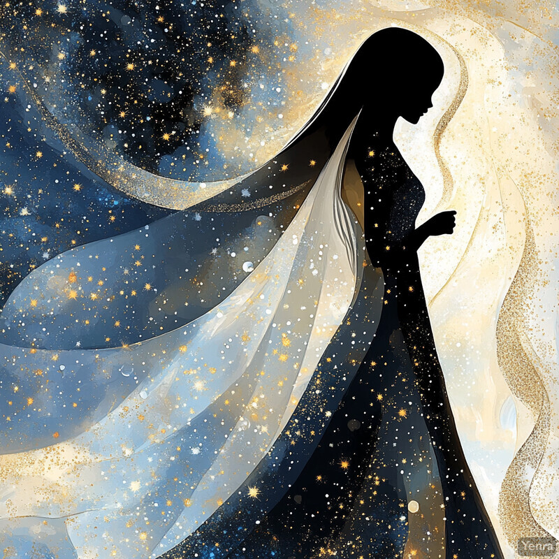 A stunning digital artwork featuring a silhouette of a woman in a flowing white chiffon dress with gold embroidery.