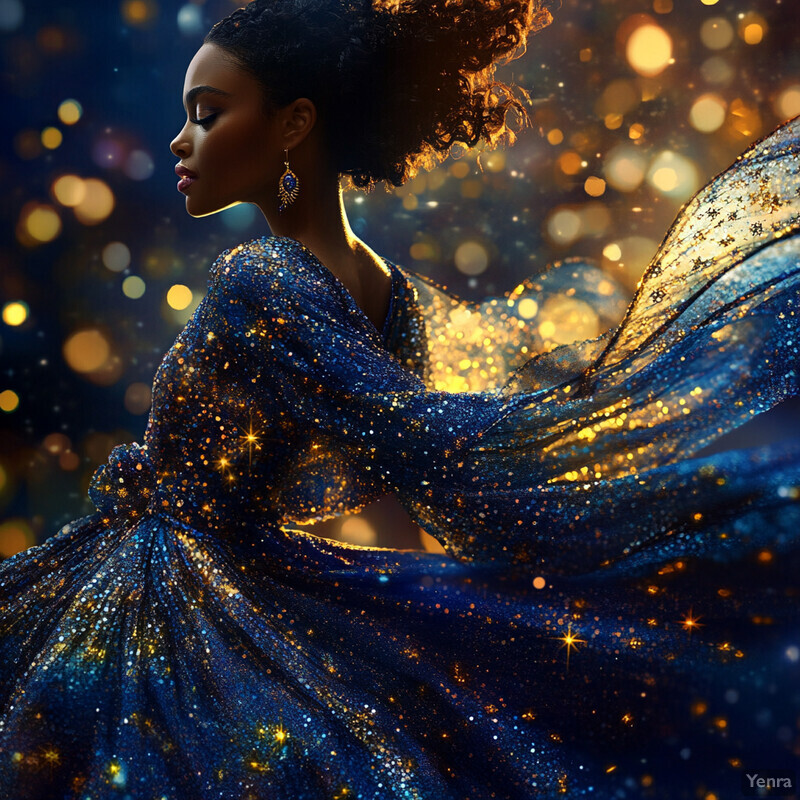 A woman with dark skin and curly hair wears a blue dress with gold sparkles, set against a blurred background with a mix of yellow and orange hues.