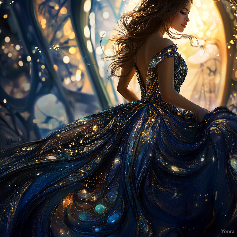 A woman in a celestial-inspired gown surrounded by an ethereal atmosphere