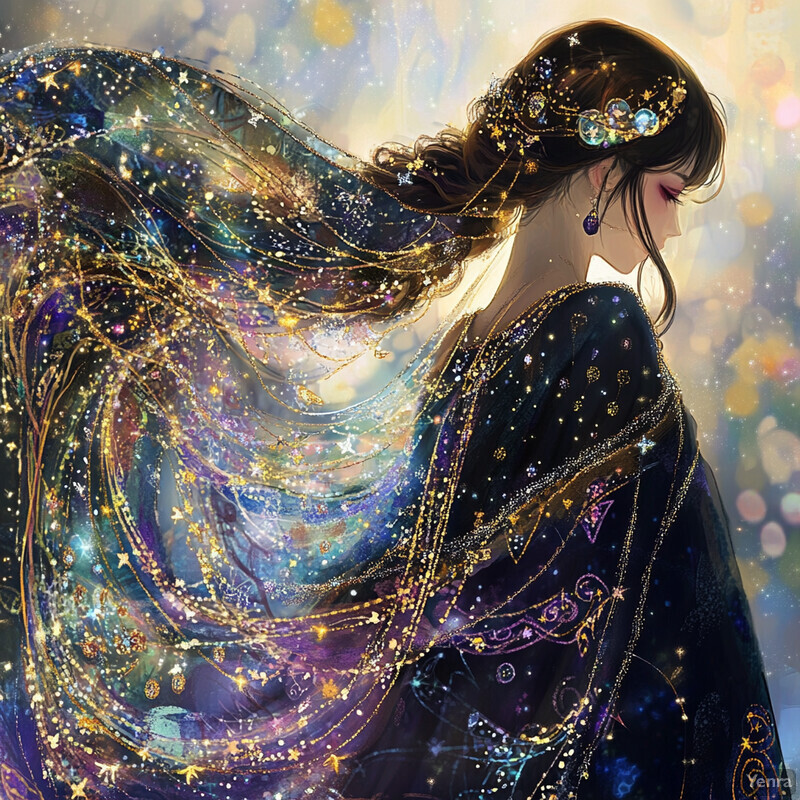 A woman in a celestial-inspired headdress and dress gazes downward, surrounded by an ethereal atmosphere.