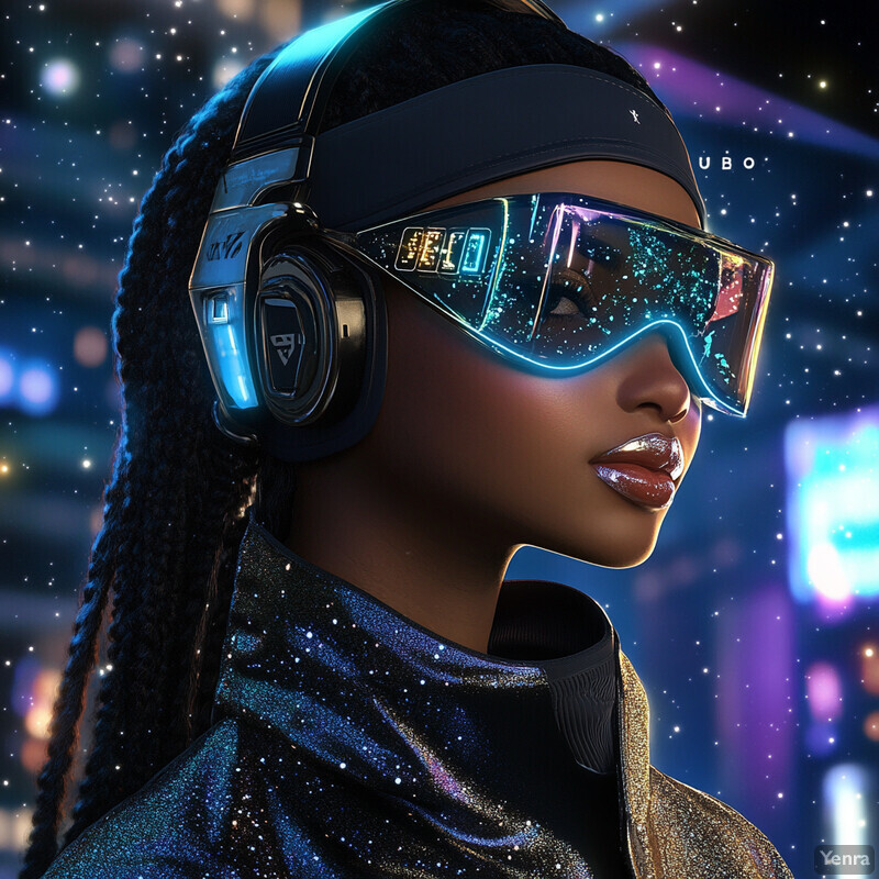 A woman wearing futuristic glasses and headphones stands on a city street at night