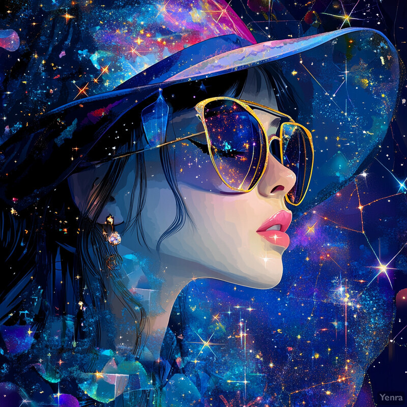 A digital artwork featuring a woman's face and hat against a starry night sky.