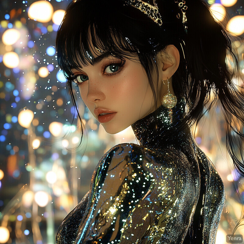 A woman with long black hair and bangs, wearing a sparkly dress or top, in front of a city street backdrop at night.