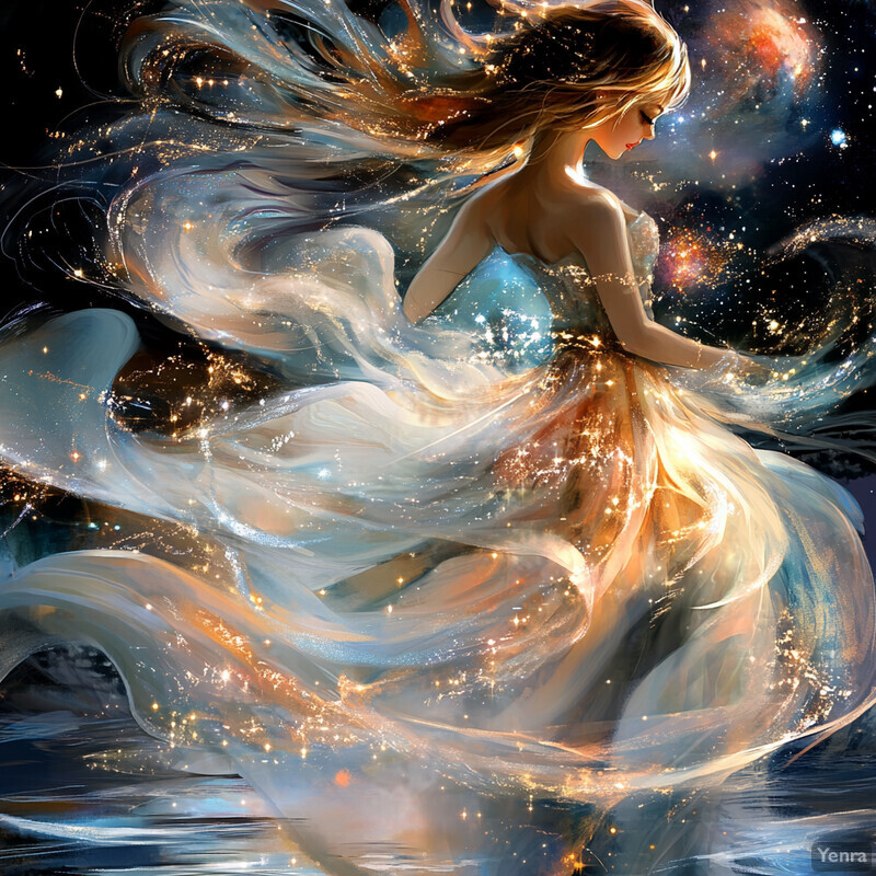 A woman with long hair and a flowing dress surrounded by swirling clouds of smoke or fog.