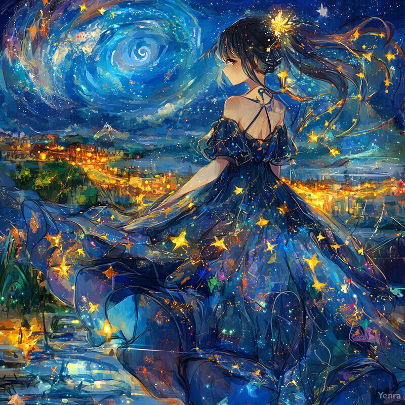 Anime-style illustration of a woman in a blue dress with stars and constellations printed on it.