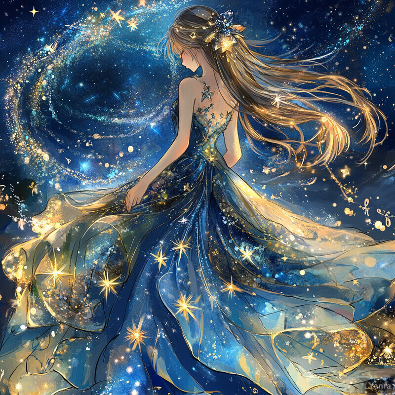 A woman in a star-adorned blue dress stands against a starry night sky, exuding an otherworldly elegance.