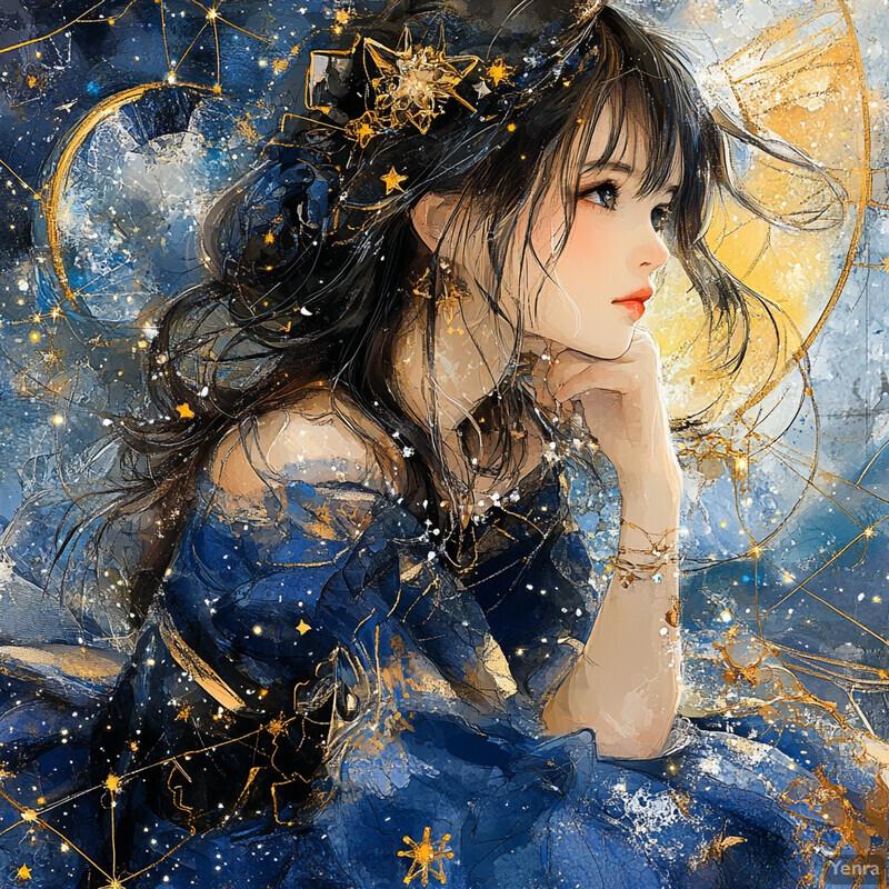 A woman gazing up at the celestial bodies above her