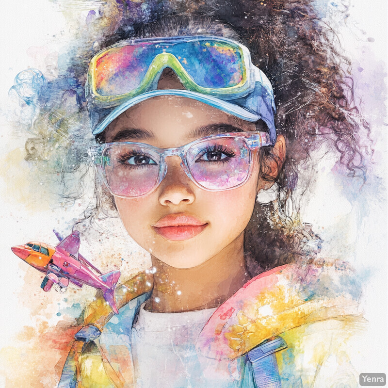 A young girl with curly hair wearing goggles and holding an airplane toy