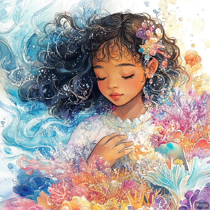 A young girl surrounded by vibrant coral reefs and ocean life, exuding peace and tranquility