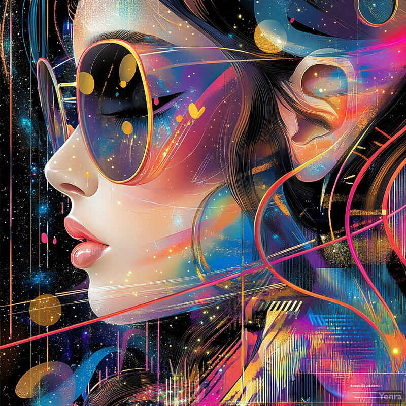 A digital artwork featuring a woman's face with sunglasses in front of a vibrant background