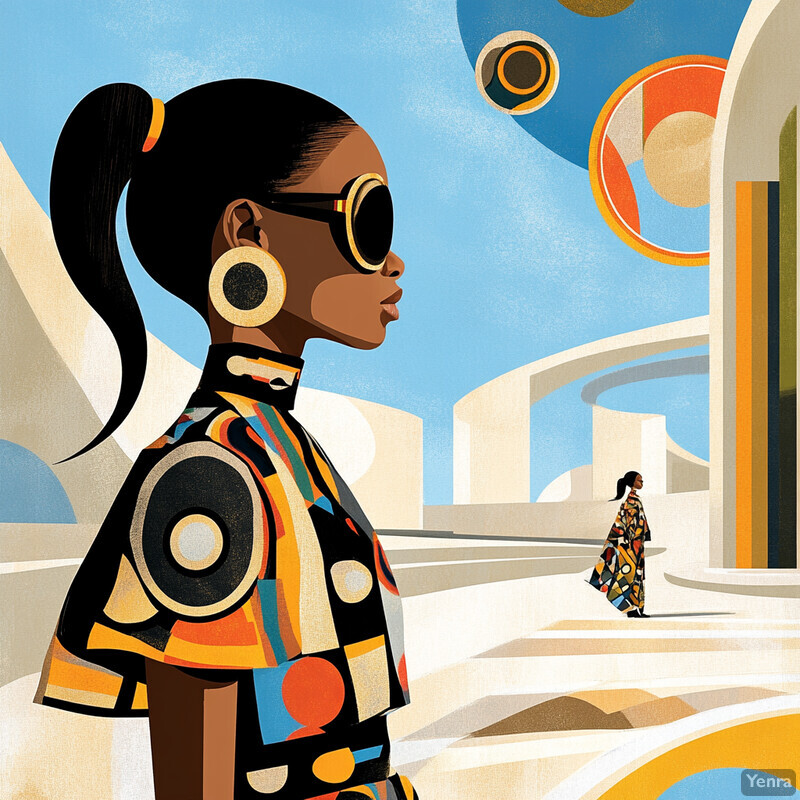 A woman in sunglasses and a colorful top stands against a geometric patterned background.