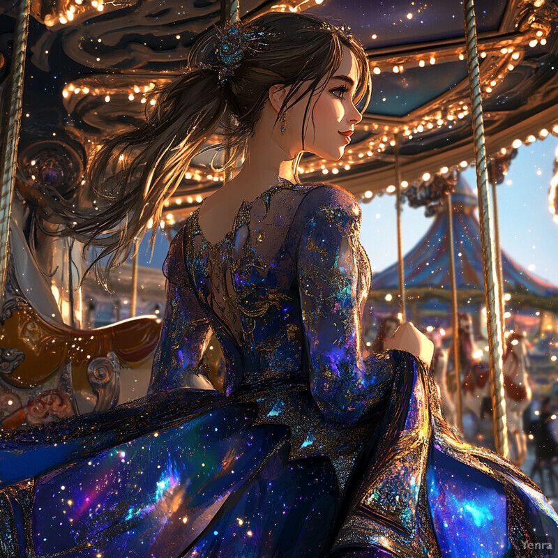 A woman sits confidently on an antique carousel horse, surrounded by vibrant colors and intricate details.