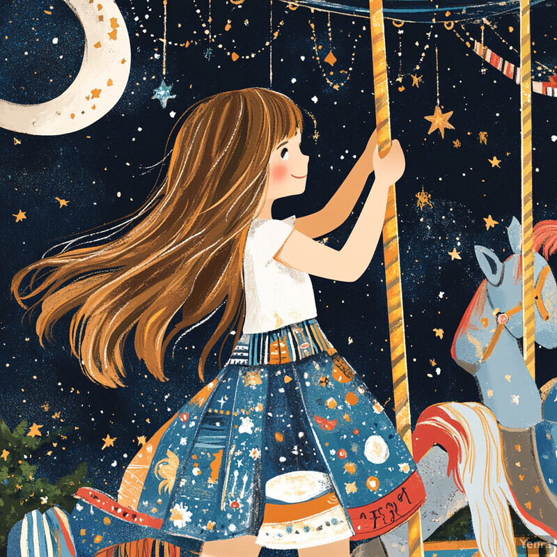 A young girl rides a carousel horse under a starry night sky