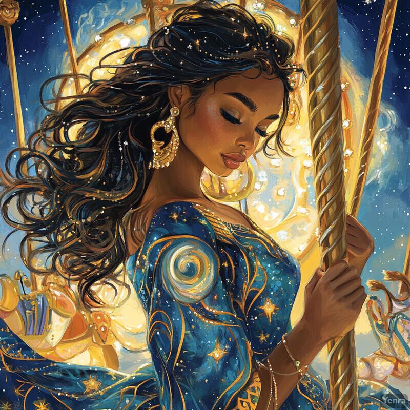 A woman with long black hair and a cosmic-themed dress holds onto a carousel horse pole, surrounded by stars and galaxies in the background.