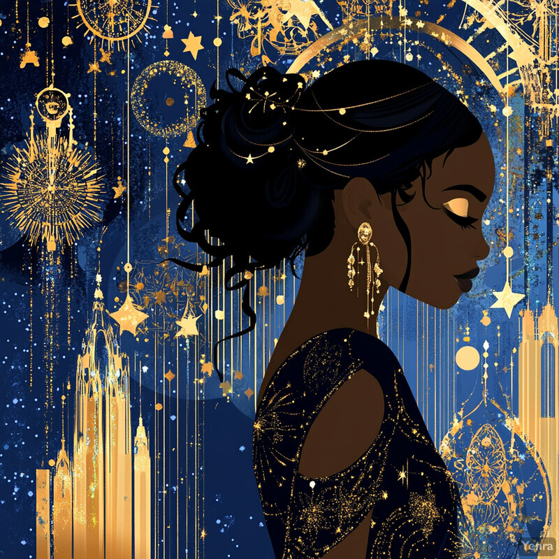 A woman surrounded by celestial elements in a deep blue background