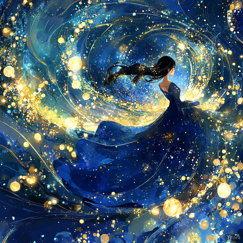 A woman in a flowing blue dress dances or spins in mid-air surrounded by gold and white particles.