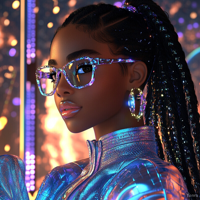 A woman with long black hair styled in braids and glittery strands, wearing a metallic silver top and iridescent accessories, posing in front of a dark and blurry cityscape.