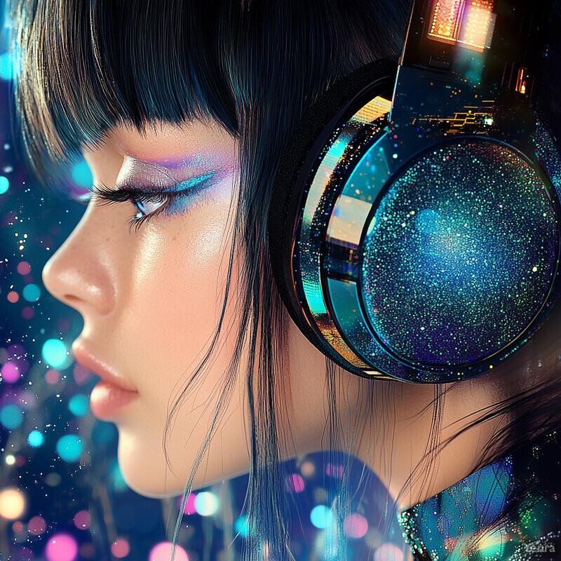 A woman with long black hair and bangs, wearing glittery blue headphones, lost in thought or listening to music.