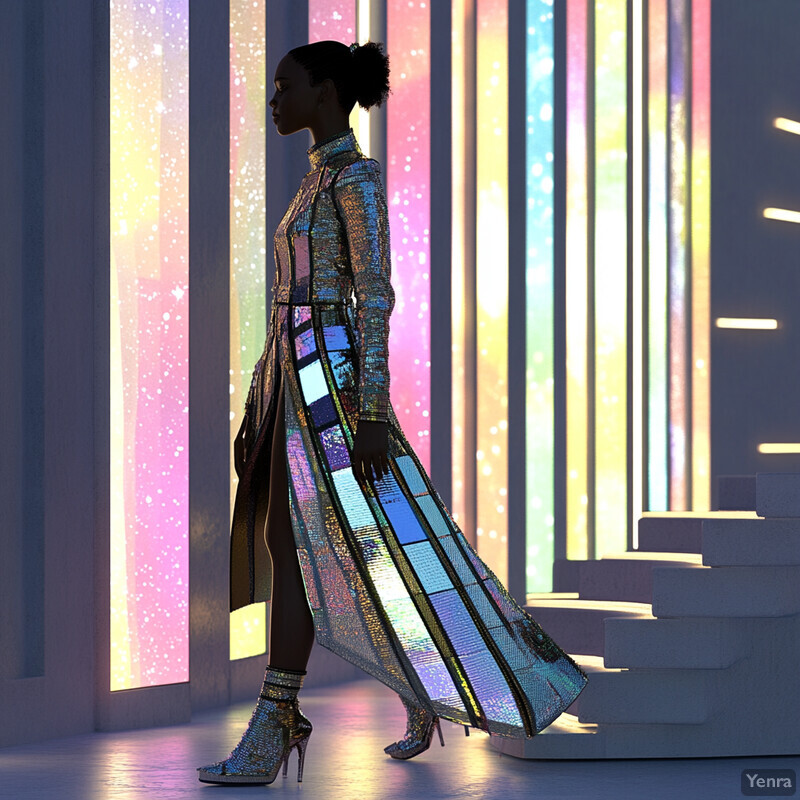 A woman walks through a neon-lit room with a futuristic ambiance