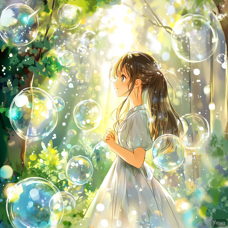 Anime-style illustration of a young woman in a forest