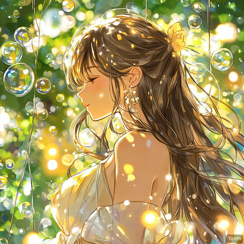 Serene outdoor scene with a woman surrounded by bubbles