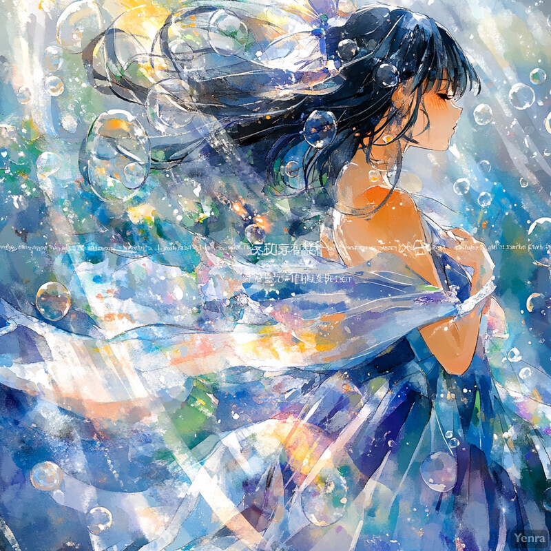 A serene and dreamy scene featuring a woman in a flowing blue dress surrounded by bubbles.