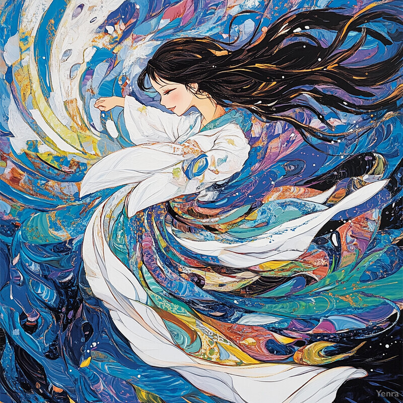 A serene and captivating painting of a woman in a flowing white dress, set against a swirling blue background