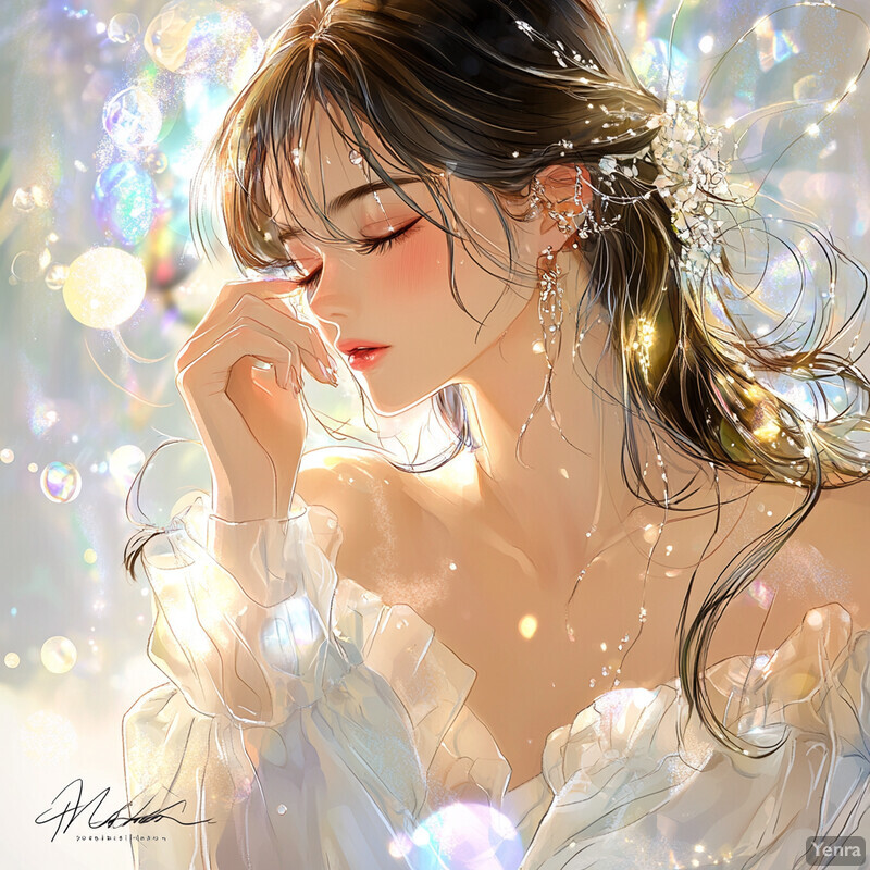 Illustration of a woman in a white dress surrounded by bubbles