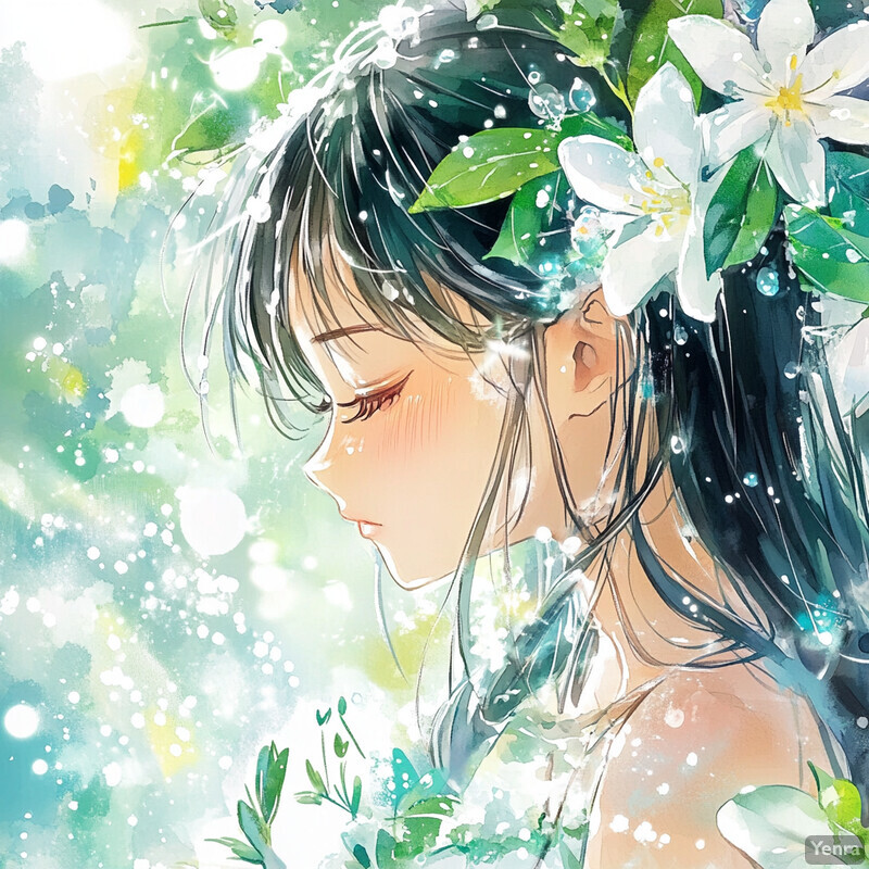 Anime-style illustration of a woman with long black hair adorned with white flowers and green leaves