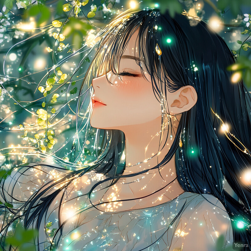 A serene and dreamy scene of a woman surrounded by lush greenery and twinkling lights.